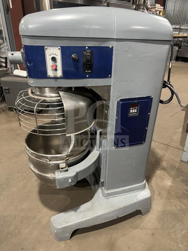 Hobart HL661 commercial planetary mixer, blue, with stainless steel bowl and guard, on legs, in good condition, 200-240V, 1 phase.