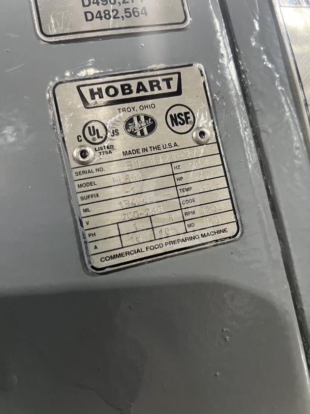 Hobart HL661 Commercial Mixer, blue, with stainless steel bowl guard and mixing bowl. Serial: 331-1321-277, 200-240V, 1 Phase.