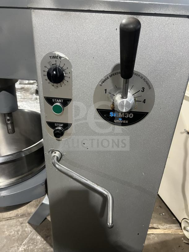 Univex SRM30 planetary mixer, floor style, with stainless steel bowl, timer, speed controls, and sturdy legs.
