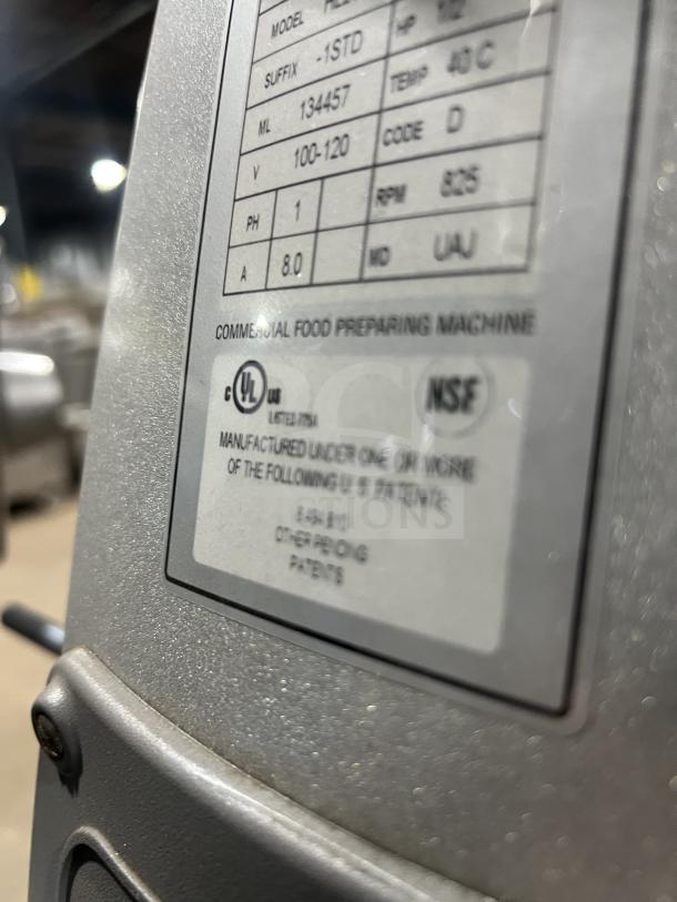 Hobart commercial mixer label, model 134457. Voltage: 100-120V, 1 phase, 8 amps, 825 RPM. UL and NSF certified.