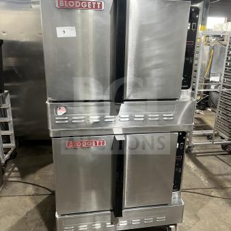 Blodgett commercial stainless steel double-stacked gas convection oven with wired rack on casters, excellent condition.