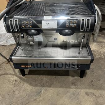 Faema Smart Series 2-Group Espresso Machine, stainless steel, Model Smart/A-2, with steam wands, hot water dispenser, drip tray.