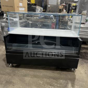 Structural Concepts refrigerated display case, model SBZ6652DR, black, multi-level, glass showcase, 220V, on legs.