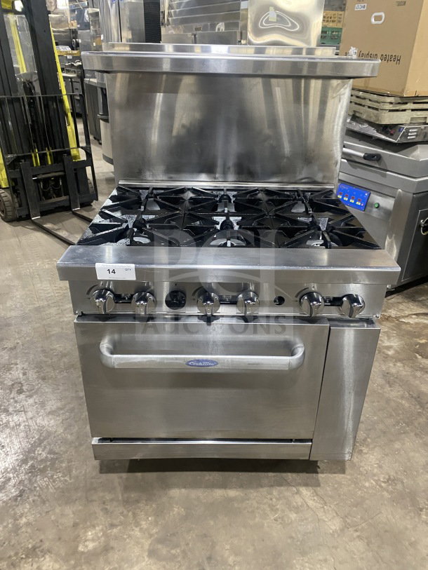 CookRite commercial stainless steel 6-burner gas range/oven combo with backsplash, overhead salamander shelf, and casters.