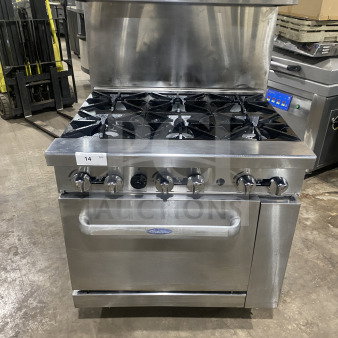 CookRite commercial stainless steel 6-burner gas range/oven combo with backsplash, overhead salamander shelf, and casters.