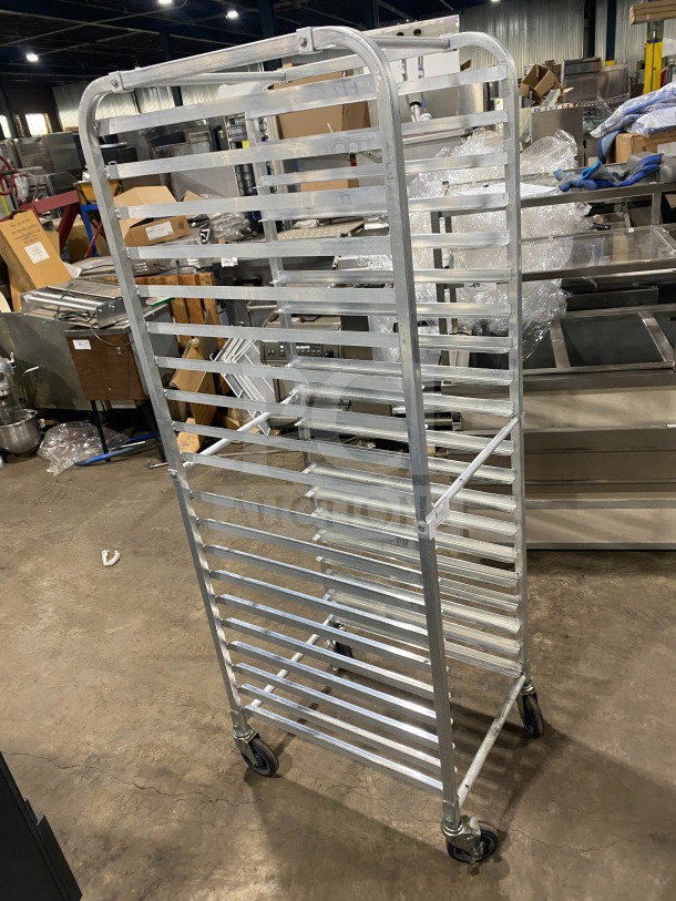 Regency stainless steel pan rack, Model 109APR1820L, on casters, heavy-duty welded, excellent condition.