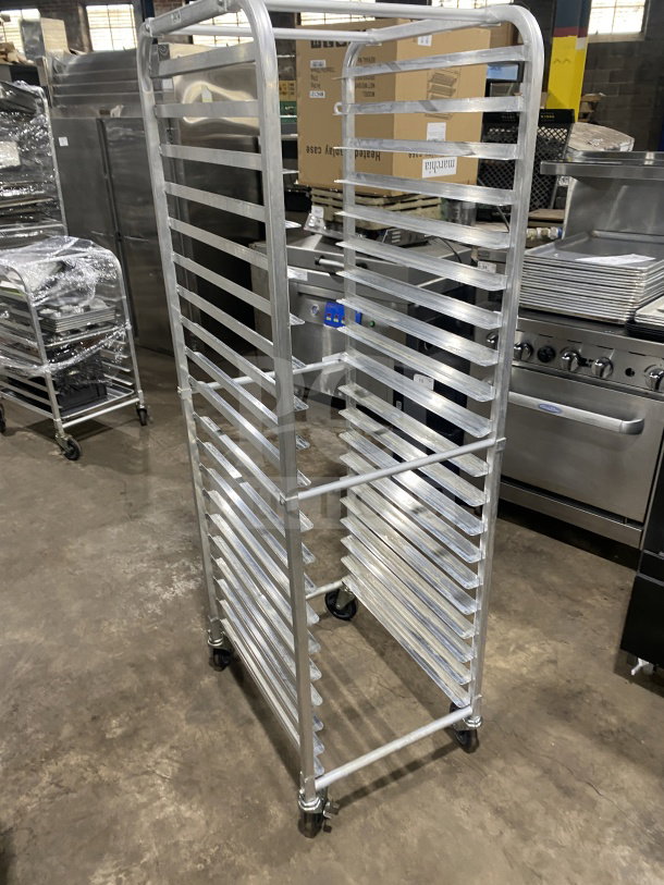 Regency stainless steel heavy-duty bun pan rack, model 109APR1820L, on casters, commercial-grade, welded construction.