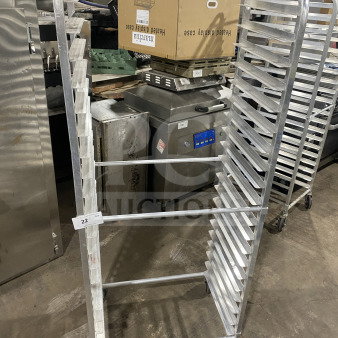 Regency stainless steel pan rack, model 109APR1820L, heavy-duty welded, on casters, for commercial kitchen use.
