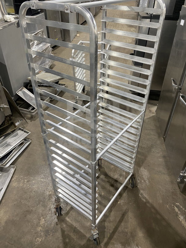 Regency stainless steel pan rack on casters, Model 109APR1820L, heavy duty, welded, commercial use, excellent condition.