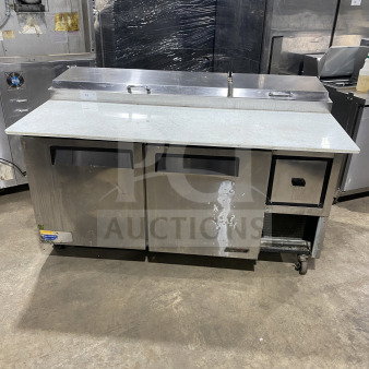 Turbo Air TPR-67SD stainless steel pizza prep table, 2-drawer, single-door, poly-coated rack, on casters, used condition.