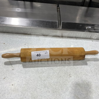 Commercial wooden rolling pin with handles, used, condition seen, label marked "40 QTY."