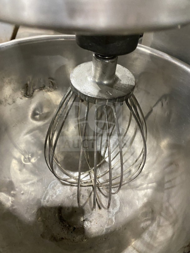 Hobart C100 commercial planetary mixer with stainless steel bowl and paddle attachment. Model: C100, 115V, 1 phase, SN: 1475997.
