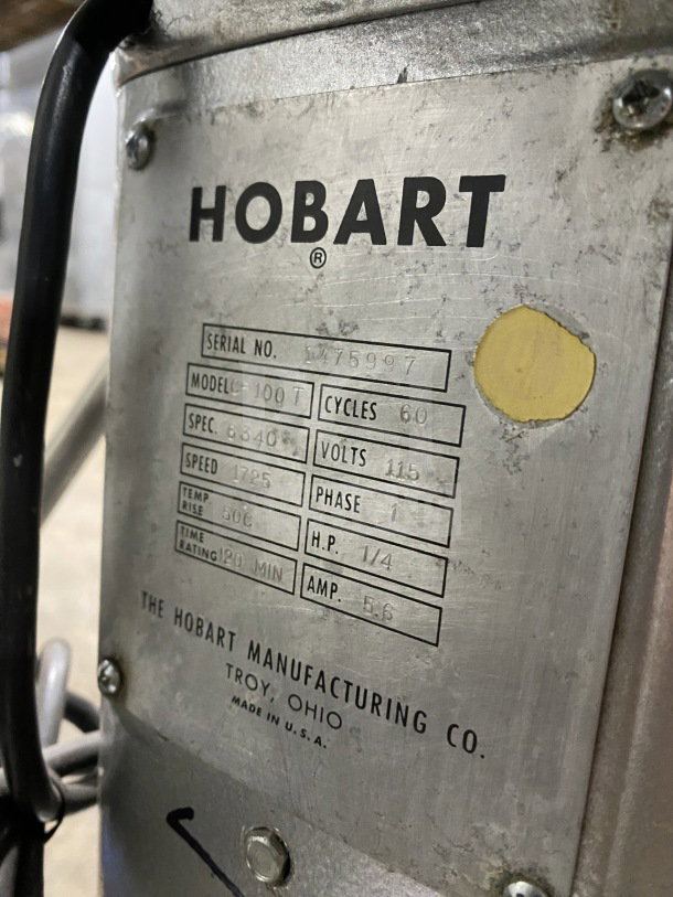 Hobart C100 commercial planetary mixer, SN: 1475997, 115V, 1 phase, with paddle attachment, stainless steel bowl, used condition.
