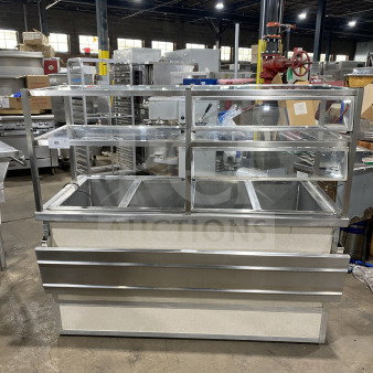 Atlas Metal Industries stainless steel buffet refrigerated cold pan table, Model WCM-BT-4, with sneeze guard and storage.