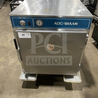 Alto-Shaam Halo Heat 750-S stainless steel holding cabinet, good condition, 125V, 1 phase, visible labels and controls.
