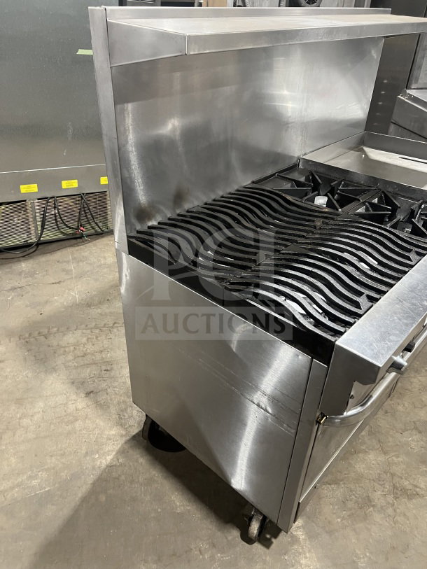 Bakers Pride EP-1 commercial stainless steel electric double deck pizza oven with wired rack, 208V, 1 phase, on wheels.