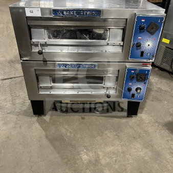 Bakers Pride EP-1 commercial stainless steel double deck electric pizza oven on casters, 208V, 1-phase, model number visible.