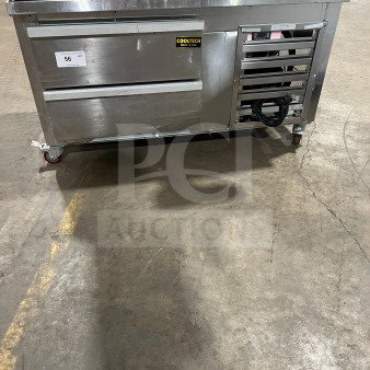 Cooltech commercial stainless steel 2-drawer chef base, model CUST48CF, with digital temperature display, on casters.