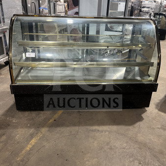 Leader MCB77SC Commercial Stainless Steel Curved Glass Display Case, multi-tier, rear sliding doors, 115V, used condition.