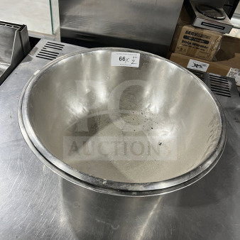 Commercial stainless steel mixing bowl, ideal for dough or salad; auction tag reads "66X QTY 2," indicating lot details.