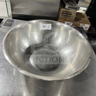 Commercial stainless steel mixing bowl, suitable for dough or salad tossing. Good condition, with auction label 67X QTY 2.