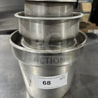Commercial heavy-duty aluminum Bain-Marie inserts, stack of three, used condition, labeled for auction, item 68.