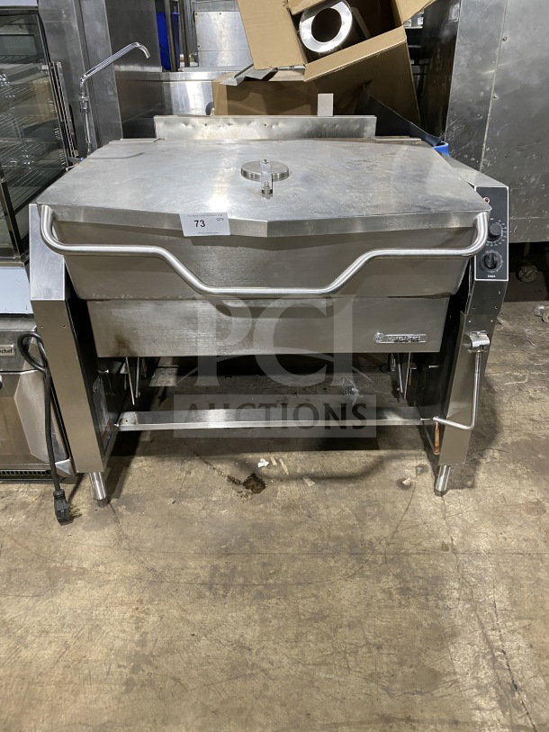 Market Forge stainless steel tilting skillet braising pan, single spout faucet, on legs, commercial-grade, good condition.