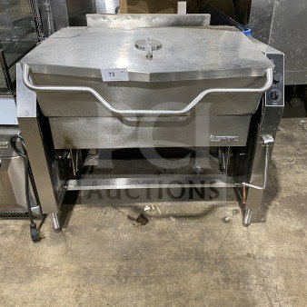 Market Forge stainless steel tilting skillet braising pan, single spout faucet, on legs, commercial-grade, good condition.