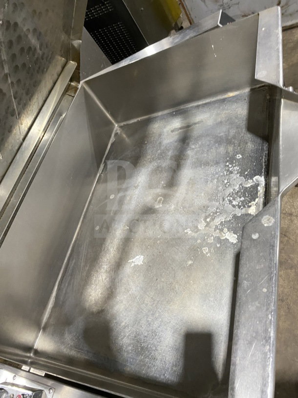 Market Forge stainless steel tilting skillet braising pan with single spout faucet, on legs, in used condition.