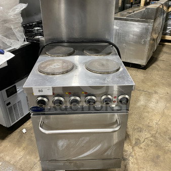 Pegasus R24E 24" Electric Range with standard oven, poly coated wired rack, 4 burners, model R24E. Serial: IAD24000000066/2024.