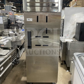 Fridge Air D28AF stainless steel single door commercial refrigerator with poly-coated rack, on casters.