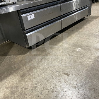 Silver King 4-drawer stainless steel chef base refrigerator, model SSKRCB84HCF10, in good condition, on casters.