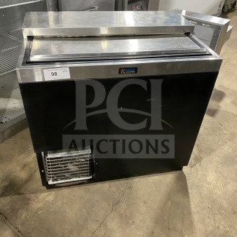 Krowne 36" bottle cooler, black vinyl exterior, stainless steel top, slide-top door, Model BC36BG, serial 0003632, 115V, 1 phase.