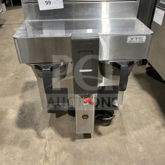 Fetco CBS-2132-XST twin coffee brewer, stainless steel, electric, with brew baskets, 200/240V, good condition.