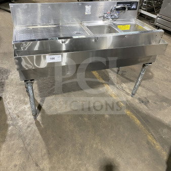 Commercial stainless steel sink with 2 compartments, full-length bowl, front speed rail underbar, on legs, item tag "100 QTY."