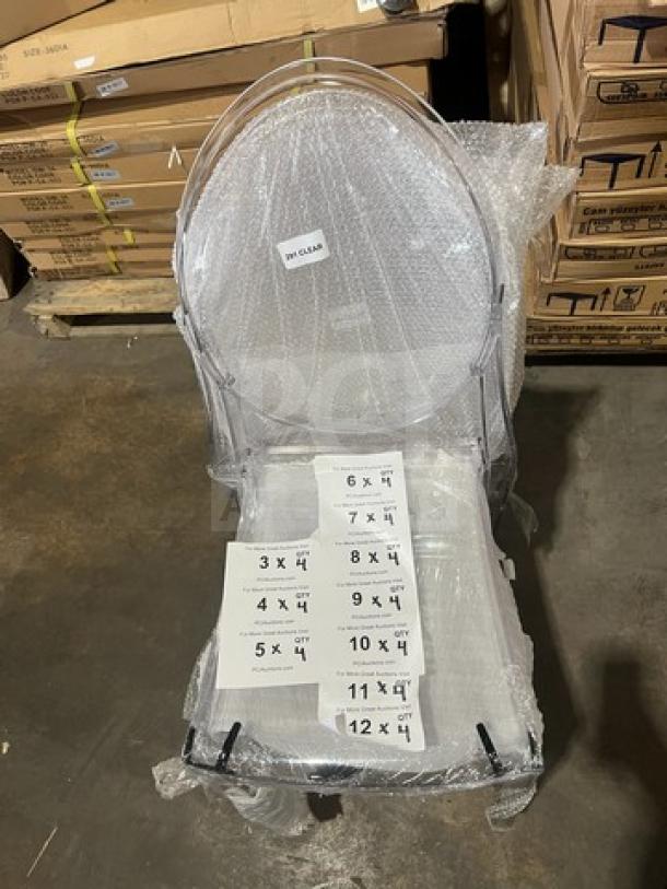BRAND NEW GA Ghost Model: Transparent, stackable indoor/outdoor chair, wrapped for protection. Ideal for dining/patio use.