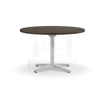 Brand new round commercial table, 36" with wood-look laminate, model DW-36, metal base, ideal for cafeteria use.