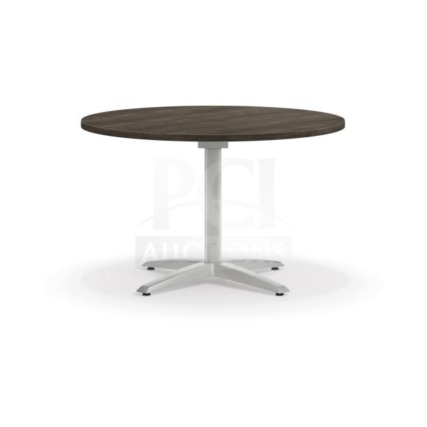 Round commercial 36" cafeteria table with wood-look laminate, model DW-36, brand new, sturdy metal base.