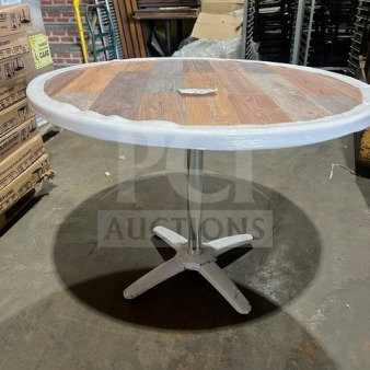BRAND NEW 42" round OCS DW42 dining table with barn wood plank composite top and polished base. Packaging intact.