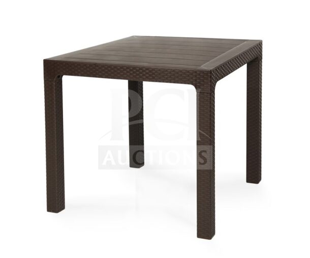 Brand new Rainbow Arizona Masa dark brown rattan table, 80x80 cm, commercial polypropylene, heavy-duty design.
