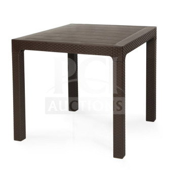 Brand new Rainbow Arizona Masa dark brown rattan table, 80x80 cm, commercial polypropylene, heavy-duty design.
