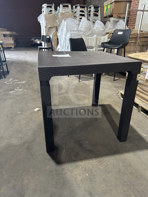 Brand new Rainbow Arizona Masa rattan table, dark brown, 80x80 cm, polypropylene, heavy-duty, commercial use.