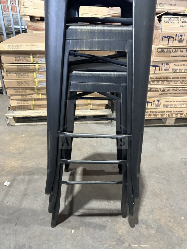 Astor matte black backless metal counter-bar stool, industrial Tolix-style, brand new, stackable design.