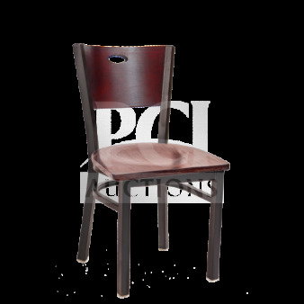 Brand new commercial restaurant chair with mahogany veneer seat, wood back, metal frame. Elegant and durable design.