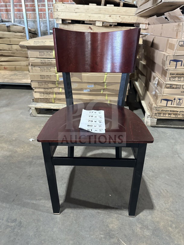 Brand new commercial restaurant chair with mahogany wood veneer back and seat, metal frame; 2X wholesale bid offer.
