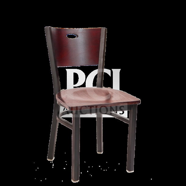 Brand new commercial restaurant chair with mahogany veneer back and seat, metal frame. Durable, high-quality design.