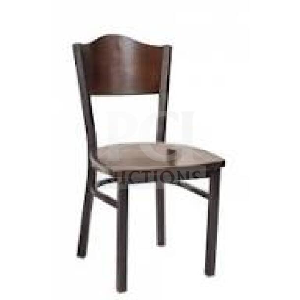 Brand new commercial dark brown restaurant chair with mahogany wood veneer seat and back, metal frame, durable design.