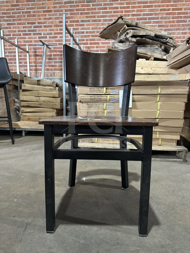 Brand new commercial dark brown restaurant chair with mahogany wood back and veneer seat, metal frame; excellent condition.