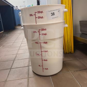 22-quart plastic food storage container with red measurement markings. Used, in good condition. Auction label number 38 visible.