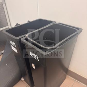 Set of 3 Lavex black slim trash cans, 2 tall and 1 short, with visible brand logo, good condition, for auction.